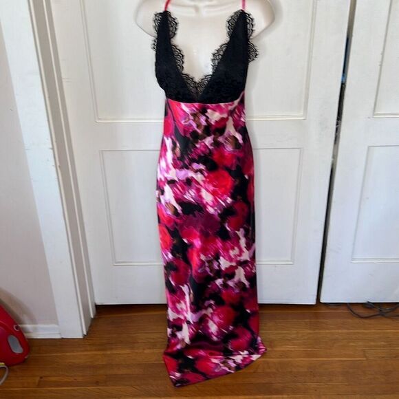 Boohoo Strapless Lace Bust Blurred Watercolor Maxi Dress Black/Pink Size 1X - Picture 1 of 6